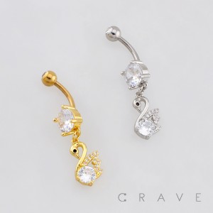 MULTI CZ SWAN CHARM DANGLE BELLY NAVEL RING 316L SURGICAL STEEL